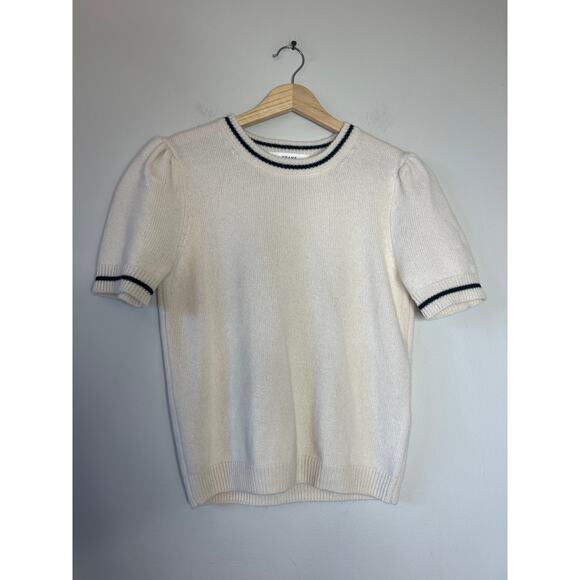 NEW FRAME Short Sleeves Gathered Striped Cashmere Sweater Cream Size: Small - Picture 2 of 7